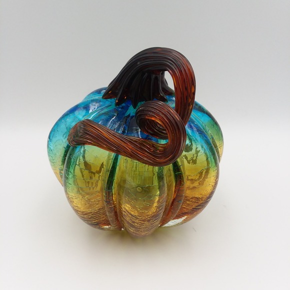 2 Hand Blown Artisanal Cracle Glass Pumpkin Gourd Blue Amber Desk Art - Picture 10 of 12